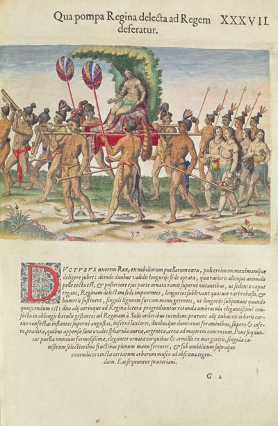 1591年フランクフルトで出版されたセオドア・ド・ブライ（1528-98）によって刻まれた「ブレビス・ナラティオ..」からの花嫁の首領 作： Jacques Le Moyne